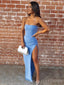 Mermaid Blue Strapless Long Evening Prom Dresses, Custom High Slit Prom Dress, BGS0148