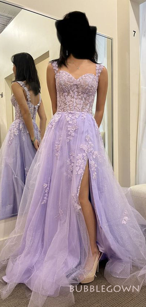 A-line Lilac Tulle Appliques Long Evening Prom Dresses, Custom Side Slit Prom Dress, BGS0152