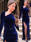 Mermaid Royal Blue Velvet Long Sleeves Long Evening Prom Dresses, Custom Side Slit Prom Dress, BGS0155