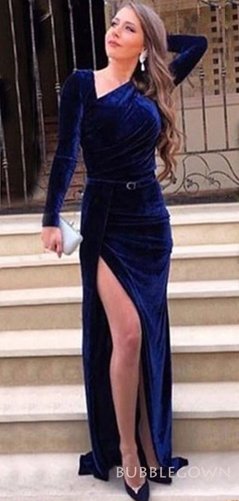 Mermaid Royal Blue Velvet Long Sleeves Long Evening Prom Dresses, Custom Side Slit Prom Dress, BGS0155