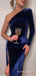 One Shoulder Royal Blue Velvet Mermaid Long Sleeves Long Evening Prom Dresses, Custom Side Slit Prom Dress, BGS0156