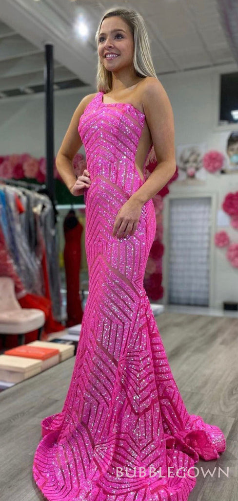 One Shoulder Hot Pink Sequins Mermaid Long Evening Prom Dresses, Custom Prom Dress, BGS0162