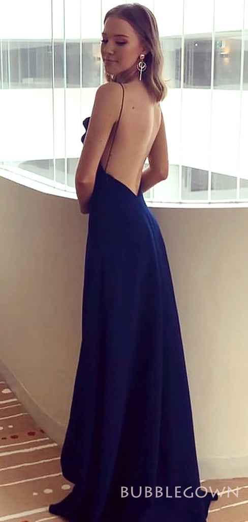 Navy Blue Satin Spaghetti Straps Long Evening Prom Dresses, Custom Prom Dress, BGS0163