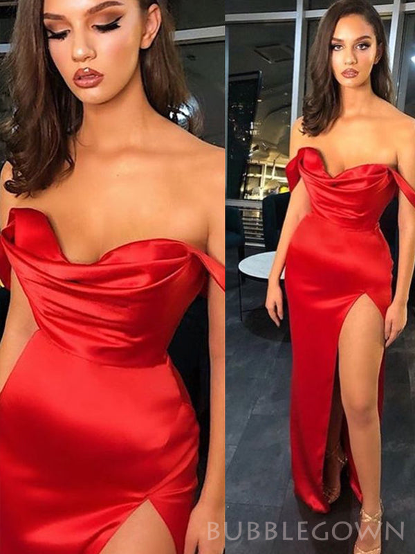 Off Shoulder Red Satin Mermaid Long Evening Prom Dresses, Custom Side Slit Prom Dress, BGS0168