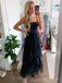 Elegant Black Tulle Spaghetti Straps A-line Long Evening Prom Dresses, Custom Prom Dress, BGS0175