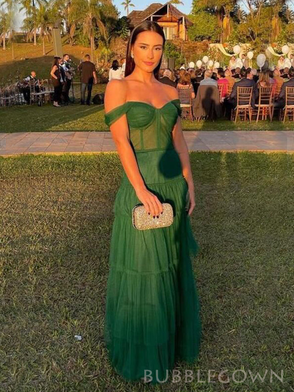 Off Shoulder Emerald Green Tulle A-line Long Evening Prom Dresses, Custom Prom Dress, BGS0181