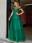 Dark Green Tulle A-line Off Shoulder Long Evening Prom Dresses, Custom Prom Dress, BGS0183