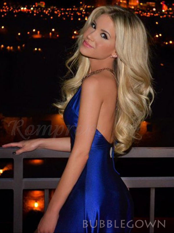 A-lin Royal Blue Satin V-neck Evening Prom Dresses, Custom High Slit Prom Dress, BGS0192