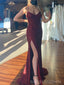 Burgundy Sequins Spaghetti Straps V-neck Long Mermaid Evening Prom Dresses, Custom Side Slit Prom Dress, BGS0195