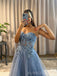 A-line Dusty Blue Tulle Appliques  Sweet Heart Long Evening Prom Dresses, Custom Strapless Prom Dress, BGS0201