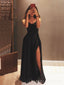 Black Satin A-line Side Slit Long Evening Prom Dresses, Custom Sweetheart Prom Dress, BGS0204