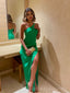 Mermaid Green Satin One Shoulder Long Evening Prom Dresses, Custom Side Slit Prom Dress, BGS0210