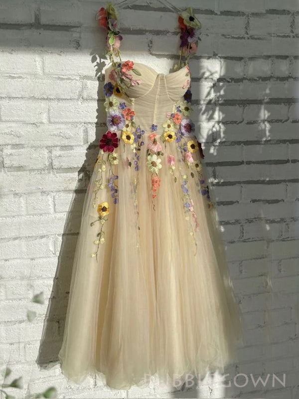 A-line Tulle Flowers Aplliques Long Evening Prom Dresses, Custom Prom Dress, BGS0217