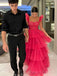 Hot Pink Tulle A-line Straps Long Evening Prom Dresses, Custom Prom Dress, BGS0218