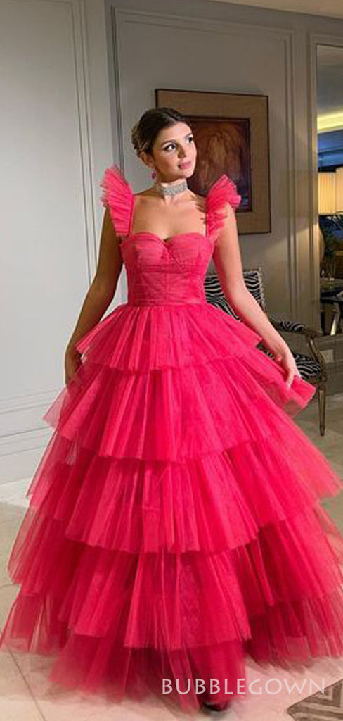 Hot Pink Tulle A-line Straps Long Evening Prom Dresses, Custom Prom Dress, BGS0218