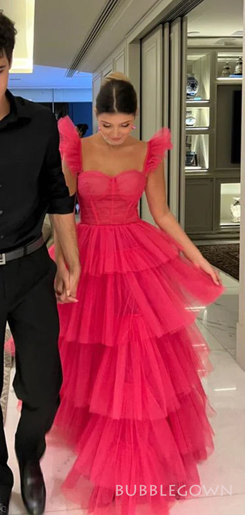 Hot Pink Tulle A-line Straps Long Evening Prom Dresses, Custom Prom Dress, BGS0218