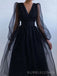 Chocolate Tulle Long Sleeves A-line Long Evening Prom Dresses, Custom V-neck Prom Dress, BGS0222