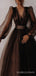 Chocolate Tulle Long Sleeves A-line Long Evening Prom Dresses, Custom V-neck Prom Dress, BGS0222