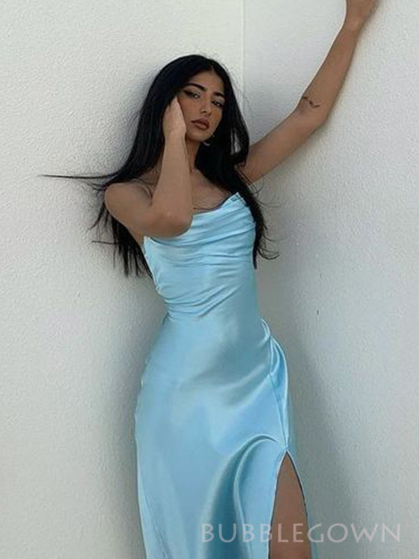 Simple Blue Satin Spaghetti Straps Mermaid Side Slit Long Evening Prom Dresses, Custom Prom Dress, BGS0223