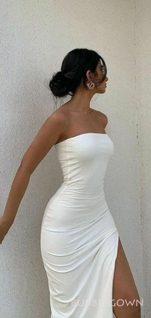Sheath White Mermaid Side Slit Long Evening Prom Dresses, Custom Strapless Prom Dress, BGS0224