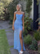 Mermaid Blue Spaghetti Straps Long Evening Prom Dresses, Custom Side Slit Prom Dress, BGS0225