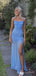 Mermaid Blue Spaghetti Straps Long Evening Prom Dresses, Custom Side Slit Prom Dress, BGS0225