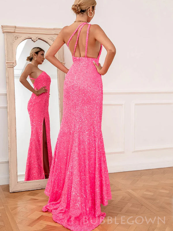 Popular Hot Pink Sequins Mermaid One Shoulder Long Evening Prom Dresses, Custom Side Slit Prom Dress, BGS0226