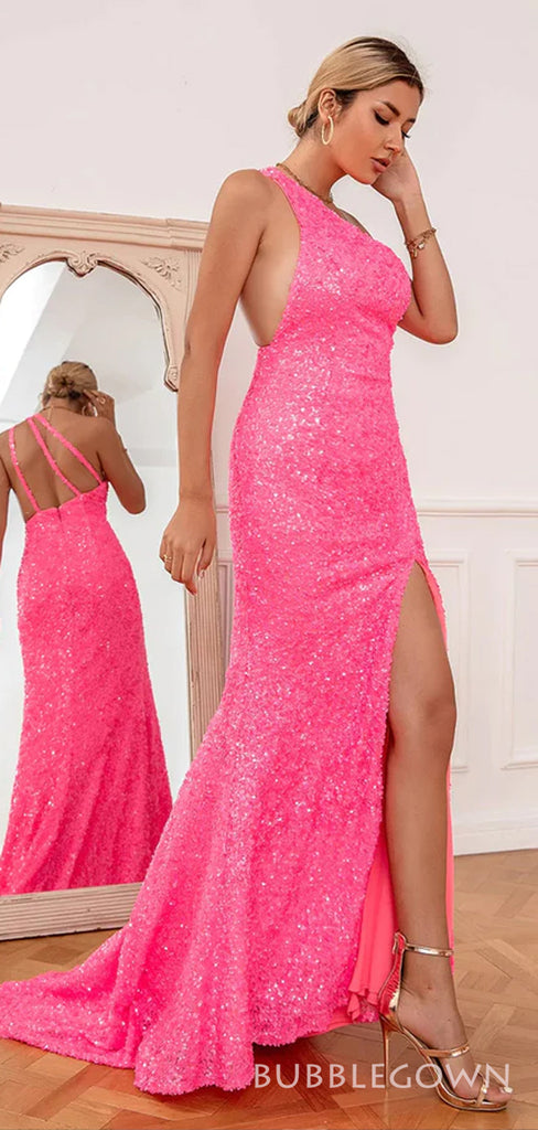 Popular Hot Pink Sequins Mermaid One Shoulder Long Evening Prom Dresses, Custom Side Slit Prom Dress, BGS0226