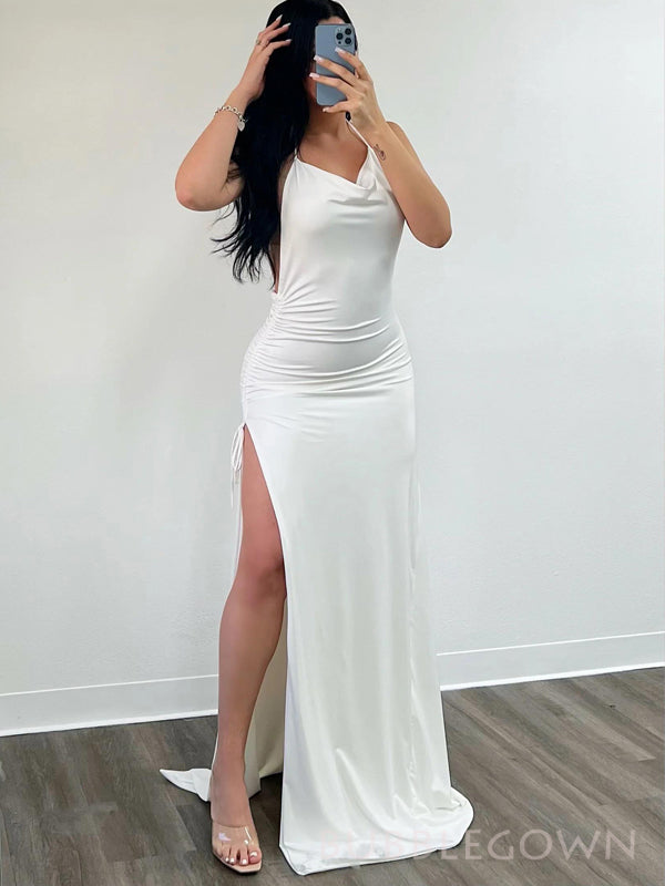 Sheath White Spaghetti Straps Long Evening Prom Dresses, Custom High Slit Prom Dress, BGS0230