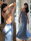 Dusty Blue Satin Mermaid Spaghetti Straps Long Evening Prom Dresses, Custom Prom Dresses, BGS0232