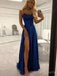 Popular Royal Blue Satin A-line Long Evening Prom Dresses, Custom High Slit Prom Dresses, BGS0237