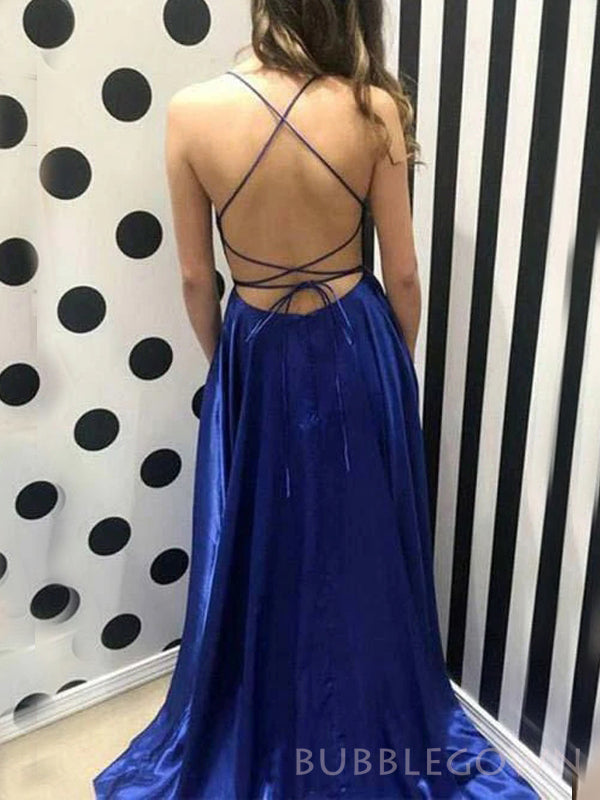 Popular Royal Blue Satin A-line Long Evening Prom Dresses, Custom High Slit Prom Dresses, BGS0237