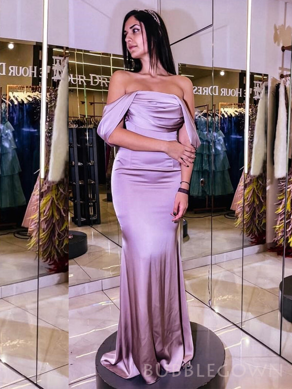 Mermaid Off Shoulder Satin Long Evening Prom Dresses, Custom Prom Dresses, BGS0238