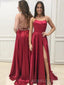 Simple Red Satin A-line Long Evening Prom Dresses, Custom Backless Prom Dresses, BGS0239