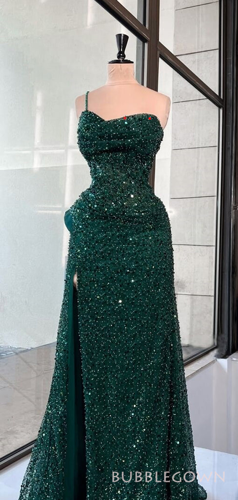 Dark Green Sequins Sparkly One Shoulder Long Evening Prom Dresses, Custom Side Slit Prom Dresses, BGS0240