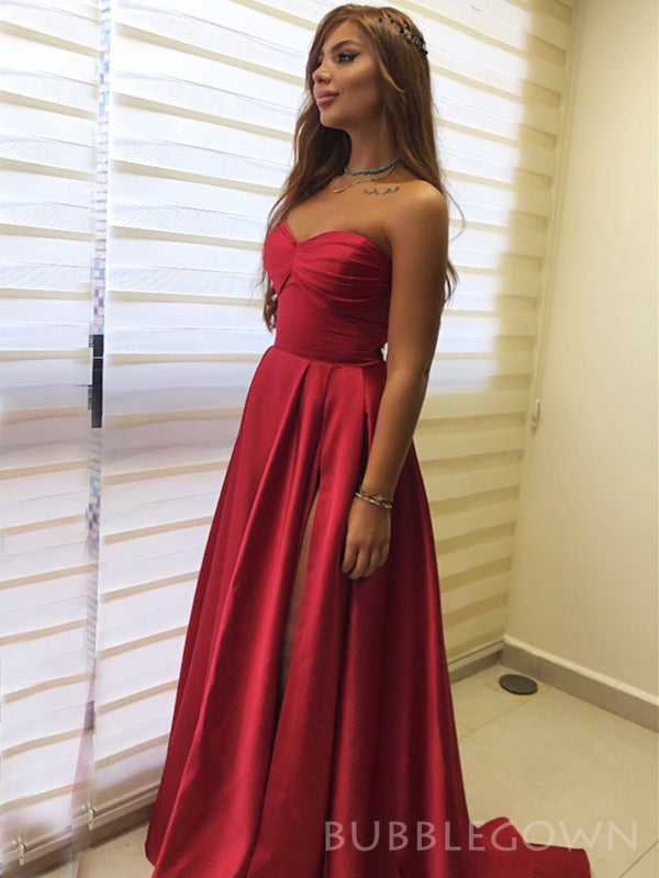 Sweet Heart Red Satin A-line Long Evening Prom Dresses, Custom Strapless Prom Dresses, BGS0241