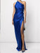 Simple One Shoulder Royal Blue Satin Long Evening Prom Dresses, Custom Side Slit  Prom Dresses, BGS0243