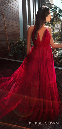 Deep V-neck A-line Red Long Evening Prom Dresses, Custom Prom Dresses, BGS0244