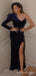 One Shoulder Navy Blue Velvet Long Evening Prom Dresses, Custom Long Sleeves Prom Dresses, BGS0245