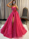 Spaghetti Straps Hot Pink Tulle Sparkly Long Evening Prom Dresses, Custom High Slit Prom Dress, BGS0122