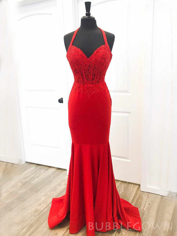 Mermaid Spaghetti Straps Red Appliques Long Evening Prom Dresses, Custom Prom Dress, BGS0127