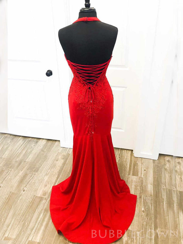 Mermaid Spaghetti Straps Red Appliques Long Evening Prom Dresses, Custom Prom Dress, BGS0127