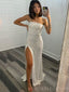 Simple Mermaid White Sequins Strapless Long Evening Prom Dresses, Custom Prom Dress, BGS0134