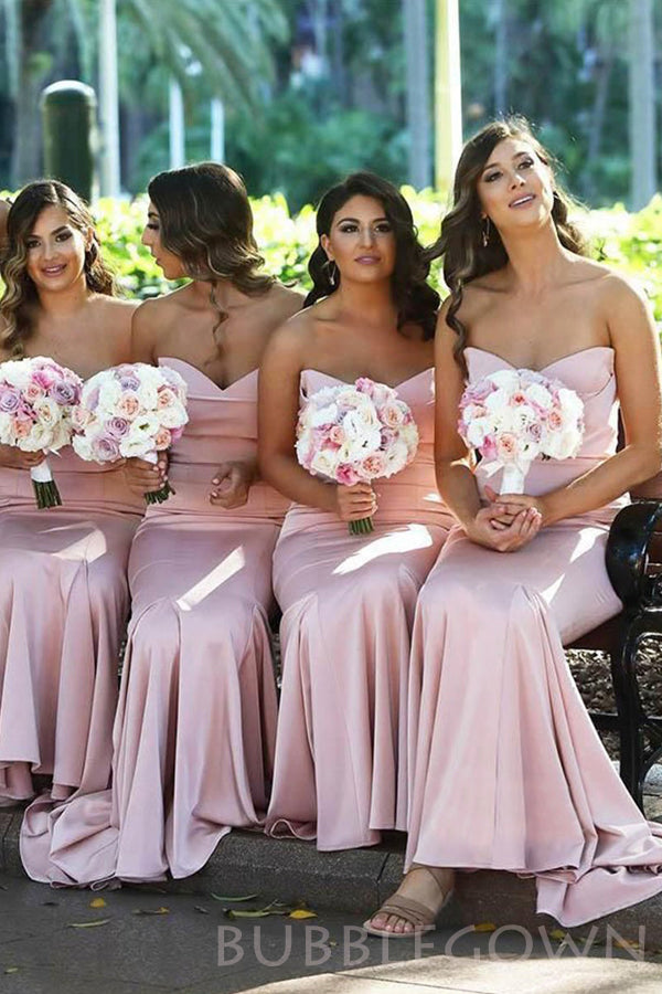 Sweetheart Pink Satin Mermaid Long Mermaid Bridesmaid Dresses , BN1014