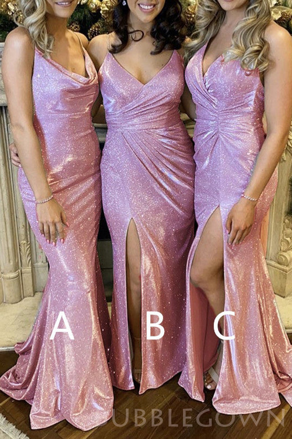 Spaghetti Straps Silver Sparkly Mermaid Long Mermaid Bridesmaid Dresses , BN1015