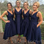 Navy Blue Satin V-neck Short  Bridesmaid Dresses , BN1019