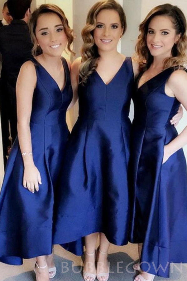 Navy Blue Satin V-neck Short  Bridesmaid Dresses , BN1019