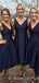 Navy Blue Satin V-neck Short  Bridesmaid Dresses , BN1019