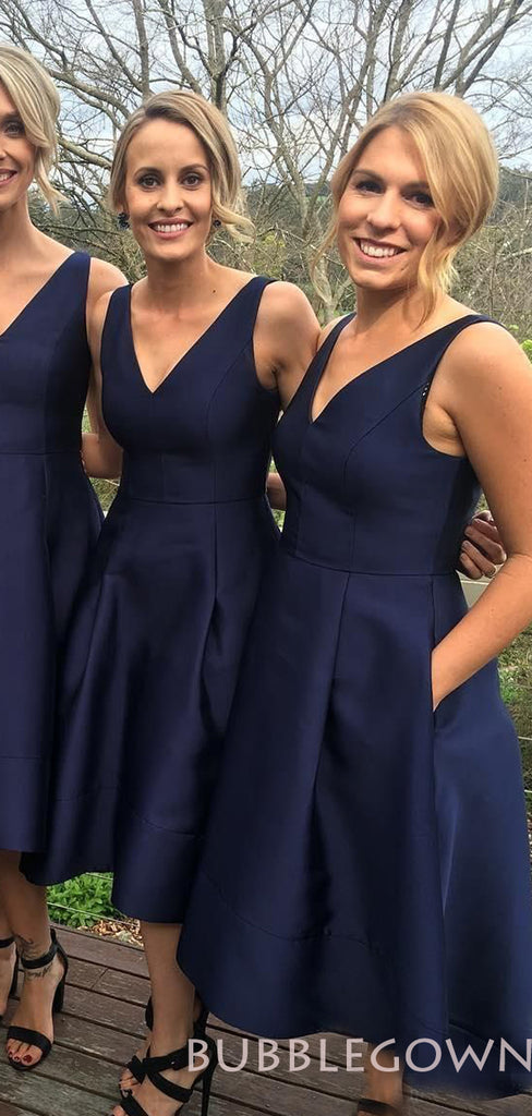 Navy Blue Satin V-neck Short  Bridesmaid Dresses , BN1019