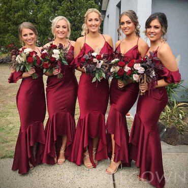 Burgundy Satin Sexy V-neck Spaghetti Straps Mermaid Lace Long Bridesmaid Dresses , BN1021
